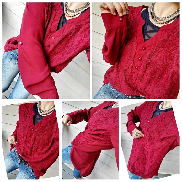 Rotita Red Burgundy Lace Overlay Long Roll-tab Sleeve V-neck Henley Tunic Top - Picture 4 of 16
